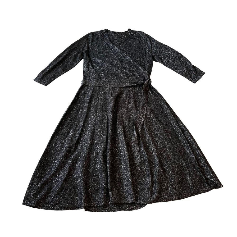Talbots Merino Wool Silver Sparkle Black Midi Wrap Dress